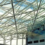 inside view of ceiling of intricate truss