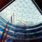 inside view of ceiling of windows with truss