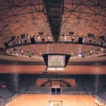 View of center trusses holding sound and video in a small arena