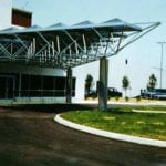 trusses in building front parking lot view